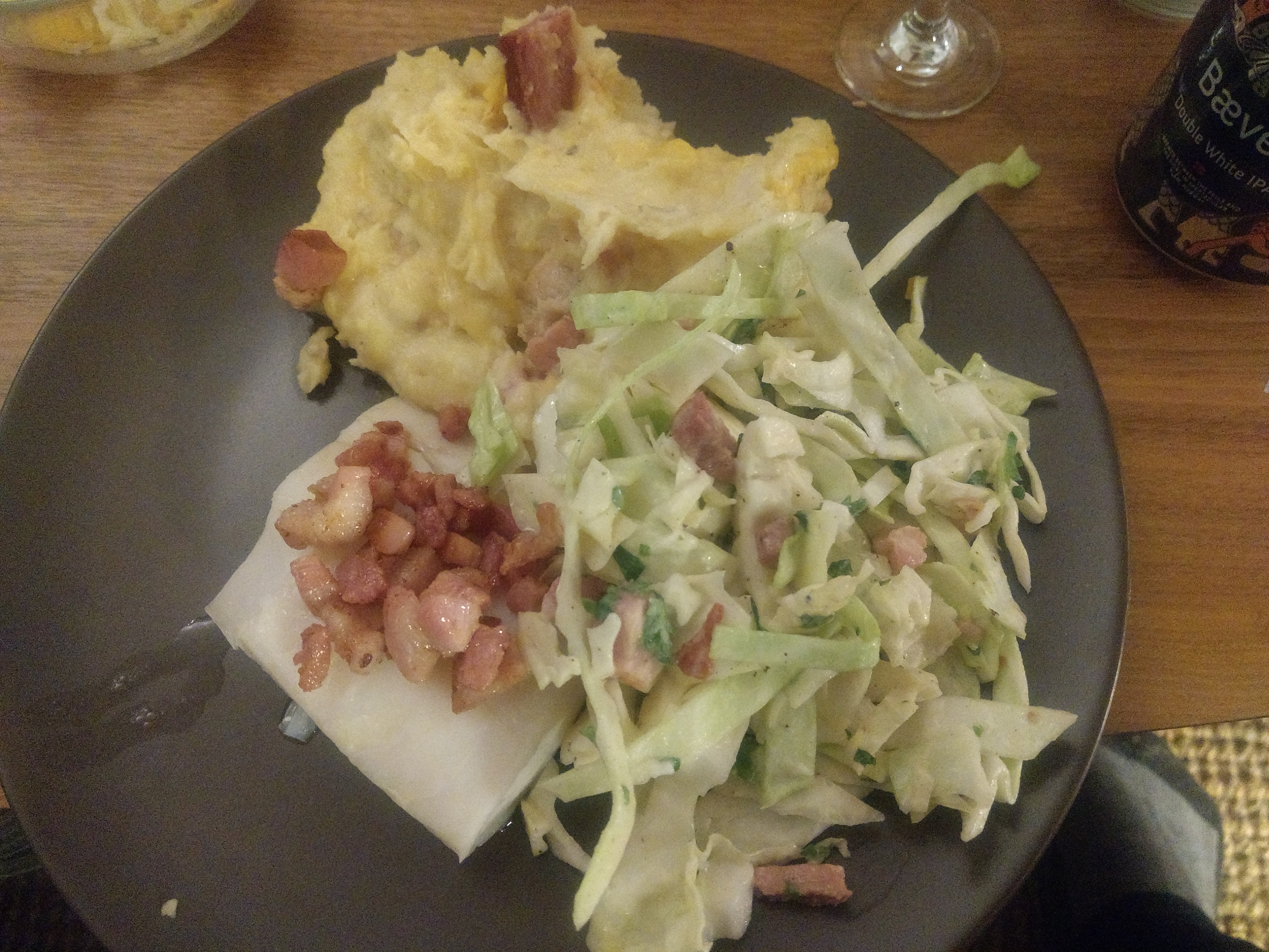 Sousvide cod with bacon, bacon and cheddar cheese mashed potatos and bacon coleslaw